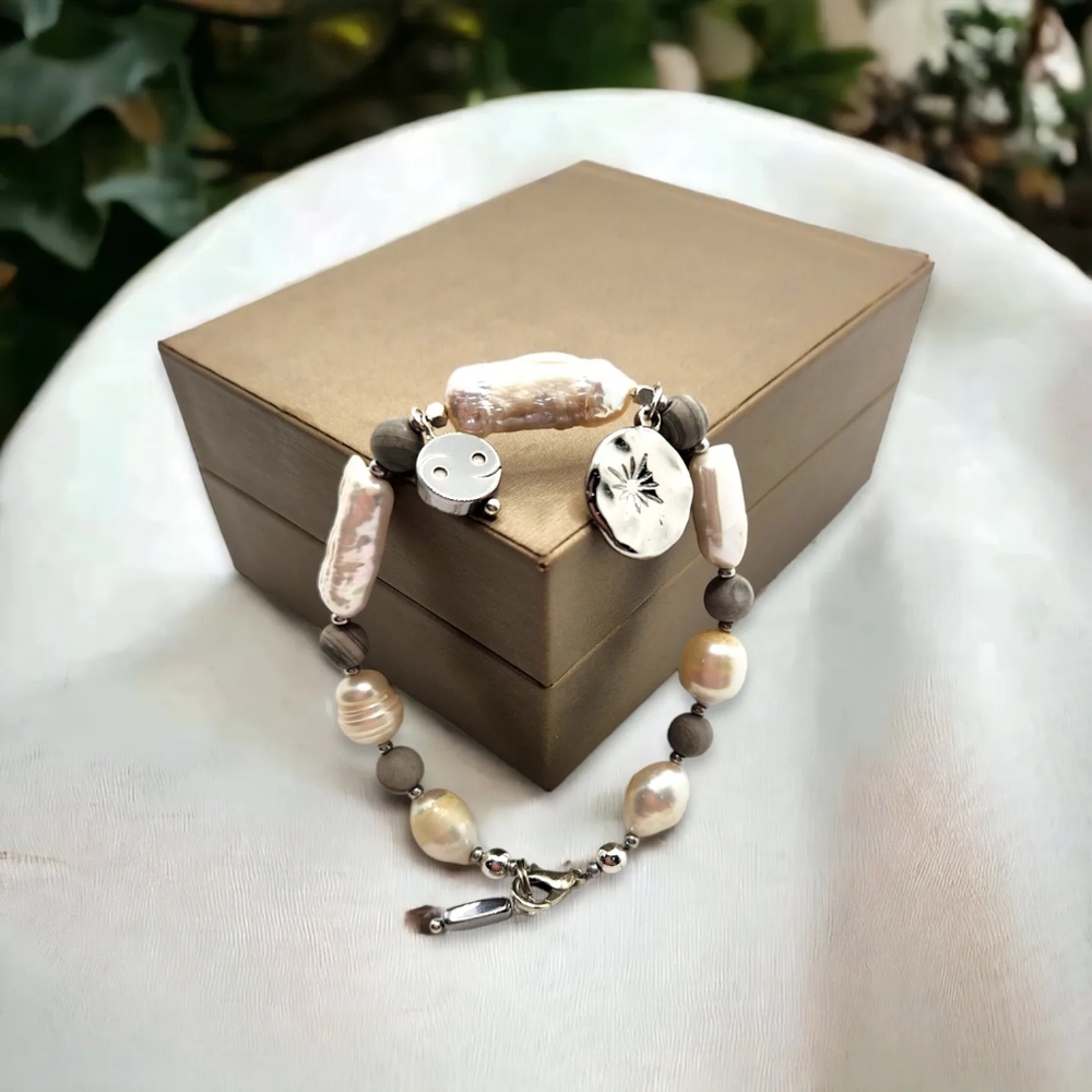 Baroque Pearl, Grey Jasper, Sun, Yin-yang charm clasp bracelet